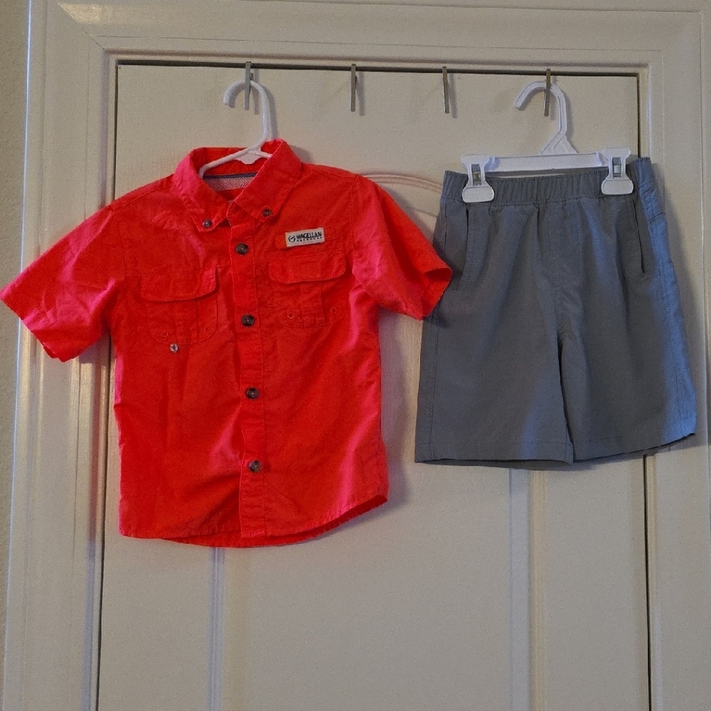 Red Button-Up Shirt and Gray Shorts Set